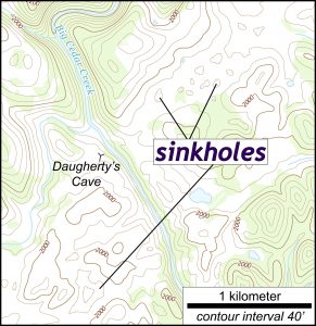 Karst topography, including  sinkholes and caves, developed on soluble limestone in the Valley & Ridge province, Russell County, Virginia.