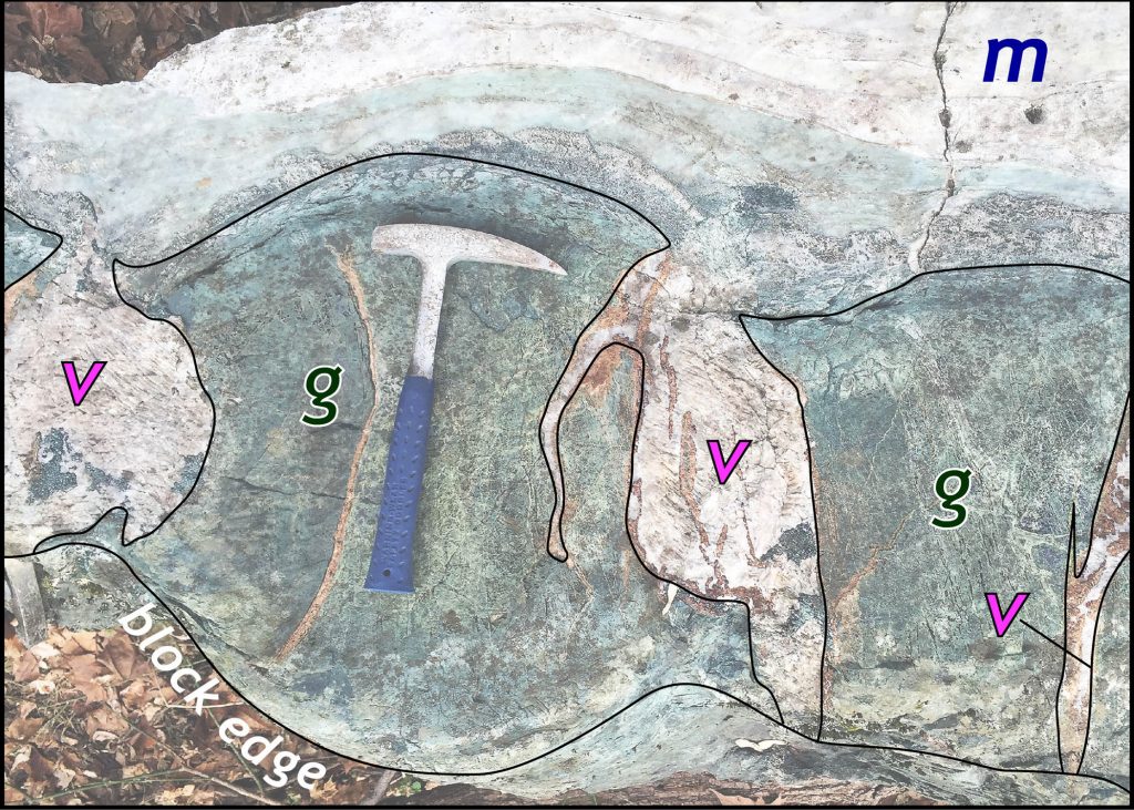 Annotated view. g- greenstone (actinolite schist), m- marble, v- vein composed of carbonate minerals. 